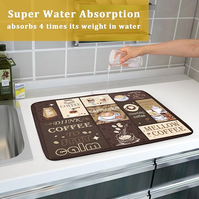 Brown Coffee Dish Drying Mat 18x24 Inch Coffee Cup Espresso Machine Pad Absorbent Washable Dish Rack Pad for Kitchen Counter Cafe Bar