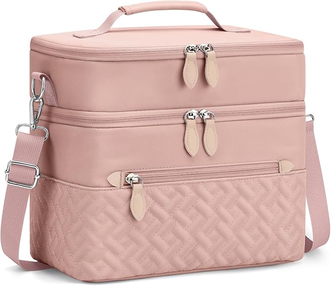 Capolo Lunch Box for Women Men Adults,Double Deck Insulated Lunch Bag Leakproof Lunch Cooler Box with Removable Strap Lunch Tote Bags Reusable Thermal Lunchbox for School Work Picnic(Large,Pink)
