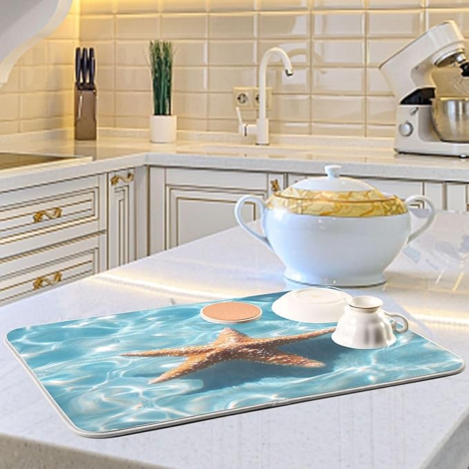 Starfish Floating Dish Drying Mat for Kitchen Counter Super Absorbent Dishes Pad Reversible Microfiber Protector Dish Draining Mats 18x24 inch