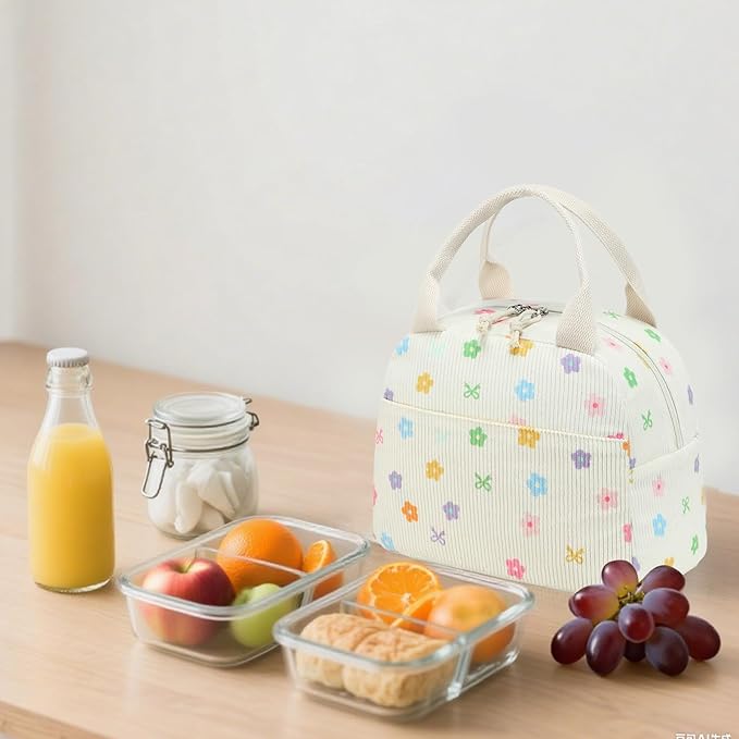 BTOOP Lunch Box for Women Men Cute Corduroy Lunch Bags Large Capacity Insulated Lunch Tote Bag For Work Travel Or Picnic (Colorful Floral Bow)