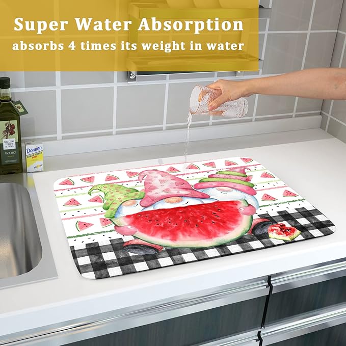 Summer Gnomes Dish Drying Mat 18x24 Inch ,Watermelon Fruit Buffalo Plaid Kitchen Dry Mats with Loop Absorbent Foldable Dishes Pad for Sink Counter Drainer Countertops Refrigerator Protector