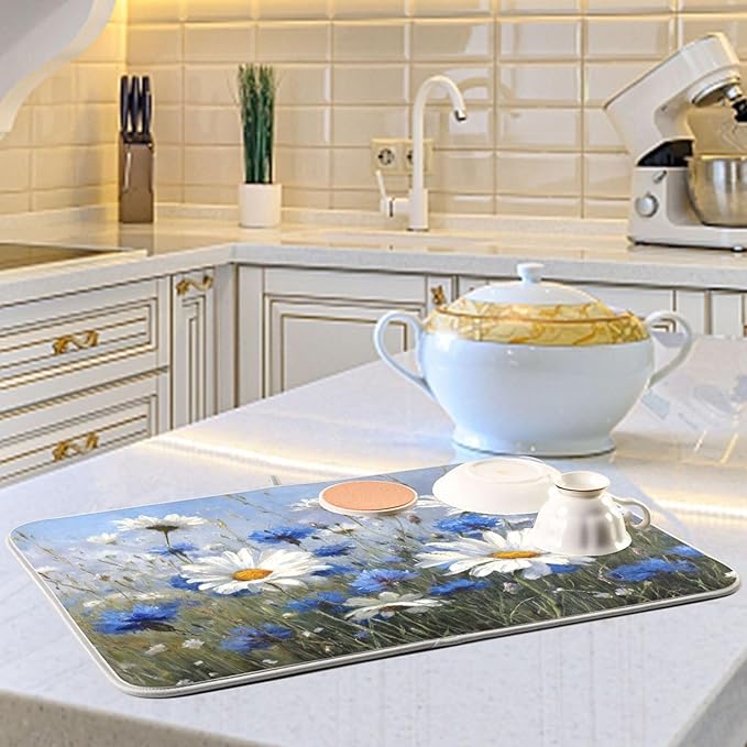 White Daisies and Cornflowers Dish Drying Mat for Kitchen Counter Super Absorbent Dishes Pad Reversible Microfiber Protector Dish Draining Mats 18x24 inch