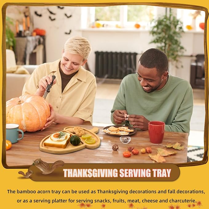 AWIZOM Acorn Shape Bamboo Serving Tray Thanksgiving Wooden Serving Platter Wood Snack Cheese Charcuterie Boards Wooden Acorn Dish Plate for Halloween Autumn Harvest Party Supplies,11.22x14.17x0.59