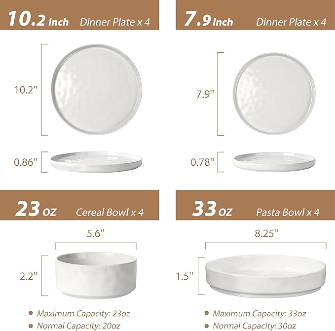 LIANYU Dinnerware Sets with Pasta Bowls for 4, 16 Piece Ceramic Dinner Plates and Bowls Dish Set, Kitchen Speckled Dining Tableware Dishware, Microwave & Dishwasher Safe, Polar White