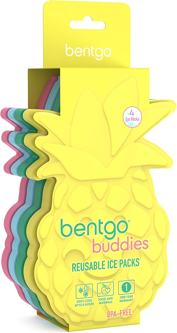 Bentgo Buddies Reusable Ice Packs - Slim Ice Packs for Lunch Boxes, Lunch Bags, and Coolers - Multicolored 4-Pack (Pineapple)