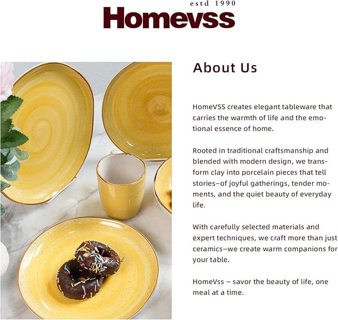 Highland 16-Piece Dinnerware Set Service for 4, Organic Shape Stoneware Plates and Bowls Set, Scratch Resistant, Microwave and Dishwasher Safe, Speckled Effect Handcrafted, Swirl Yellow