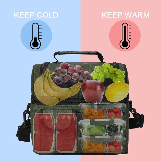 Tirrinia Reusable Lunch Box for Men Women, Insulated Lunch Bag Adult Work, Double Decker Leakproof Lunchbox for Office Picnic Beach—Dual Compartment Lunch Cooler Bag,Green