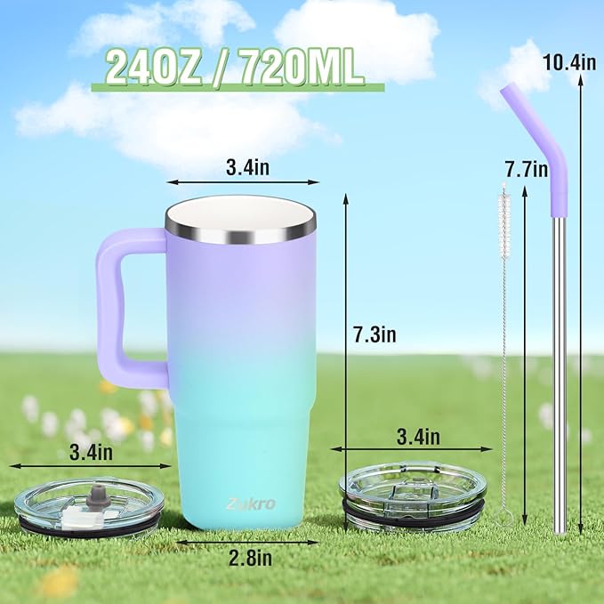 Zukro 24 oz Ceramic Lined Insulated Tumbler with Handle and Straw, No Metal Taste or Smell, Travel Coffee Mug with Spillproof Lids, No Sweat Stainless Steel Cup, Dishwasher Safe, Teal