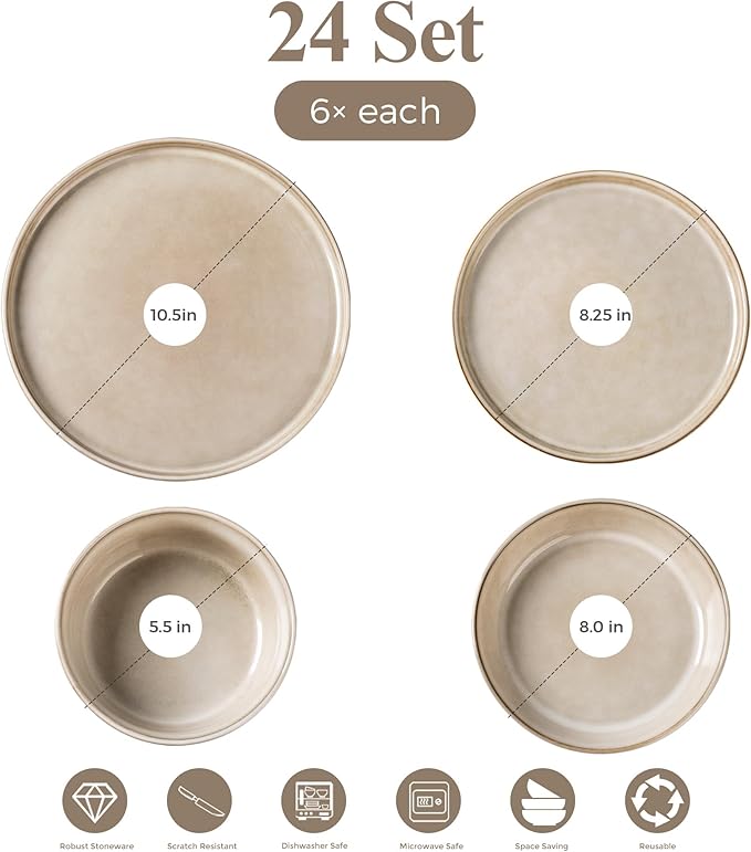 GBHOME 24 Pieces Double Bowls Ceramic Dinnerware Sets for 6, Stoneware Plates and Bowls Set with Reactive Glaze, Scratch Resistant Stoneware Dishes Set, Dishwasher & Microwave Safe
