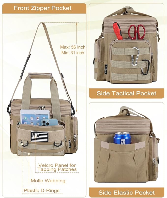 Tactical Lunch Box for Men, Expandable Large Insulated Lunch Bag for Adult, Heavy Duty Double Deck Lunch Cooler Bag with Shoulder Strap, Leakproof Soft Lunch Pail with American Flag - Sandy