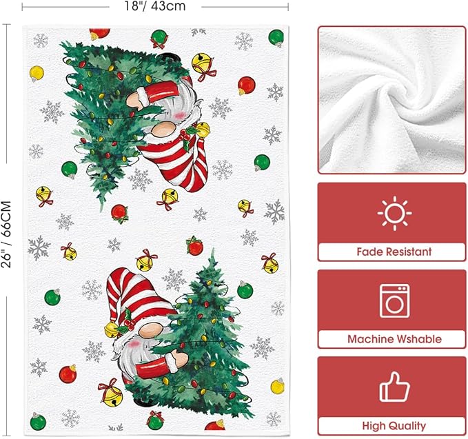 Artoid Mode Gnomes Xmas Trees Christmas Kitchen Towels Dish Towels, 18x26 Inch Daily Seasonal Winter Decoration Hand Towels Set of 2