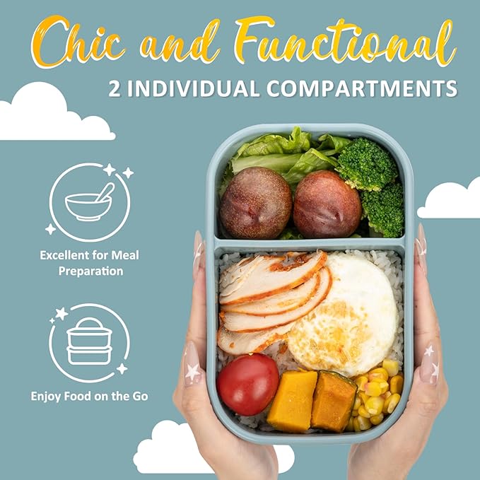 Silicone Bento Box for Adult, Stackable Leak-Proof 2-Compartment Silicone Lunch Container, BPA-Free, Microwave & Dishwasher Safe, Reusable Portable Meal Box for Office, Travel, Outdoors, Green