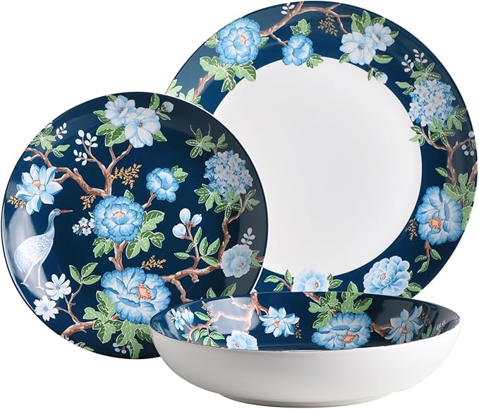 222 Fifth 12-Piece Porcelain Dinnerware Set for 4, Luxury White & Bohemian Blue Plates and Bowls Set, Glossy Ceramic Dish Set with Detailed Floral, Microwave & Dishwasher Safe Dishes, Nightingale