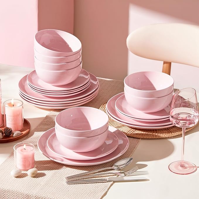 KINGSTONE Bone China Dinnerware Sets, 12-Piece Dinnerware Sets for 4, Lightweight Durable, Dishwasher Safe, Tableware for Daily Use with Elegant Design, Pink