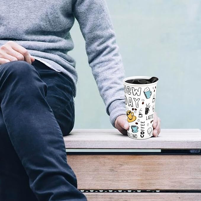 Ceramic Travel Coffee Mug, 12 oz, Portable, Travel Mug with Lid, Double Wall Tall Cup, To Go Tumbler for Car Cup Holder, Splash Resistant Lid, Dishwasher Safe, Gifts for Women Men Her Him (New Day)