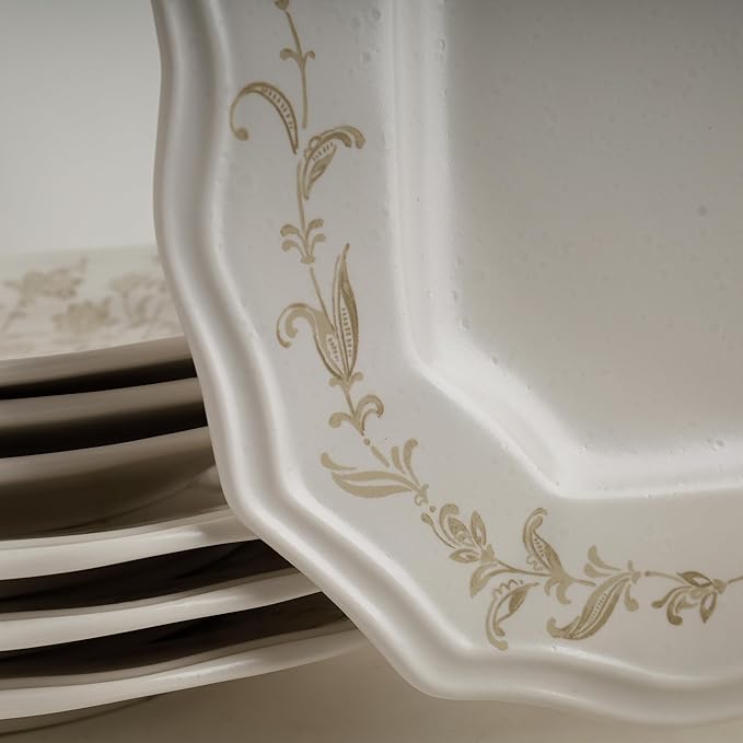 222 Fifth 12-Piece Porcelain Dinnerware Set for 4, Glossy Cream Plates and Bowls Set with Taupe Flowers, Elegant Square Ceramic Dish Set, Kitchen Tableware, Microwave & Dishwasher Safe, Batik Toile