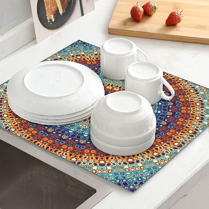 Boho Mandala Orange Blue Green Colorful Drying Mat 16x18 Inch For Kitchen Counter Drying Mats Dish For Kitchen Counter Easy Clean Kitchen