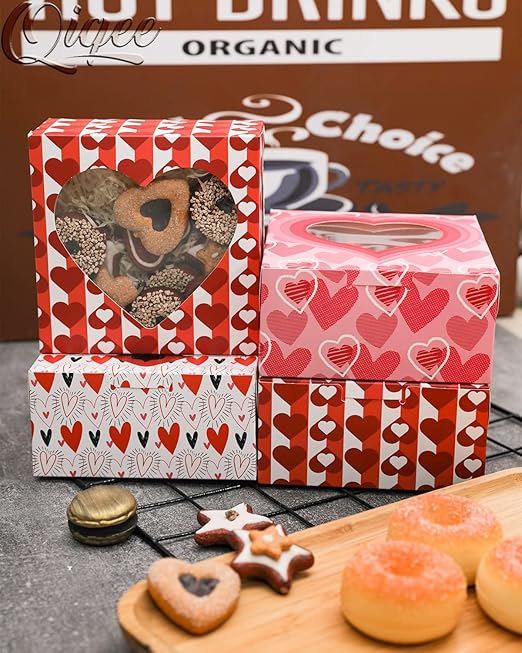 qiqee Valentine Bakery Box with Original Unique Design 60packs 6x6x3 Cookie Boxes Pastry Box for Valentine's Day