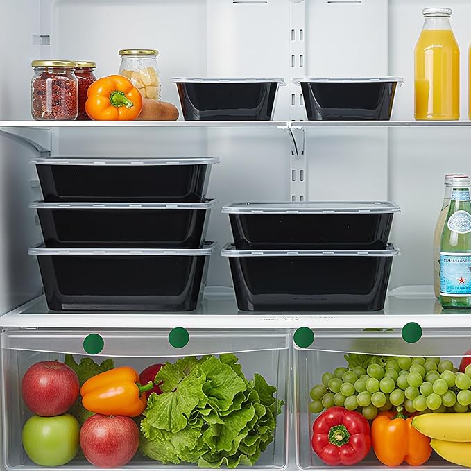 Sawysine 100 Pcs Plastic Meal Prep Containers Food Storage Containers Reusable Lunch Bowls with Lid Stackable Disposable Lunch Boxes 1 Compartment Bento Box (Black,22oz,25oz,34oz)