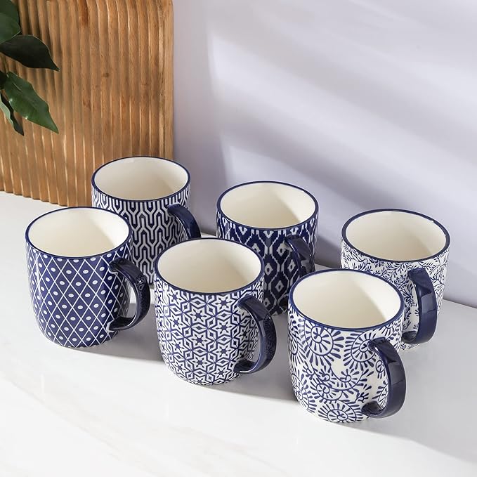Selamica 10 oz Coffee Mugs Set of 6 with Handle, Coffee Cups Ceramic for Cappuccino Latte Cocoa Milk Tea, Dishwasher Microwave Safe, Vintage Blue