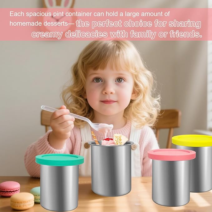 Stainless Steel Pint Containers & Lids Compatible with Ninja Creami ice Cream Maker NC500, NC501, CN501CO Delux Seriesā 1 Pack, 24 oz, Silicone Lids, BPA-Free, Dishwasher Safe, 5 Years Warranty