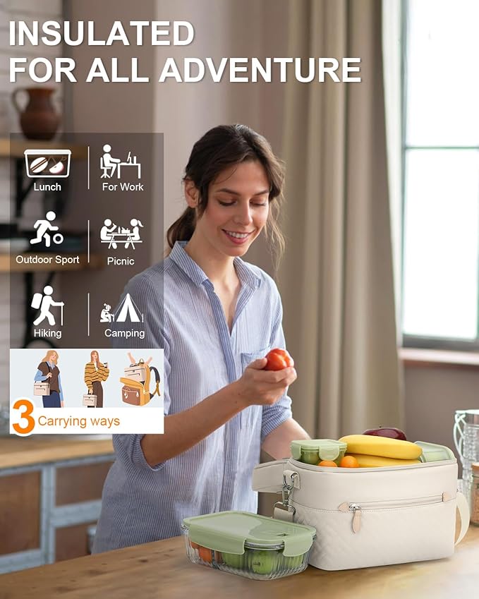 Capolo Lunch Box for Women Men Adults,Insulated Lunch Bag Leakproof Lunch Cooler Box with Removable Strap Cute Lunch Tote Bags Reusable Thermal Lunchbox for School Work Picnic(Small,Beige)