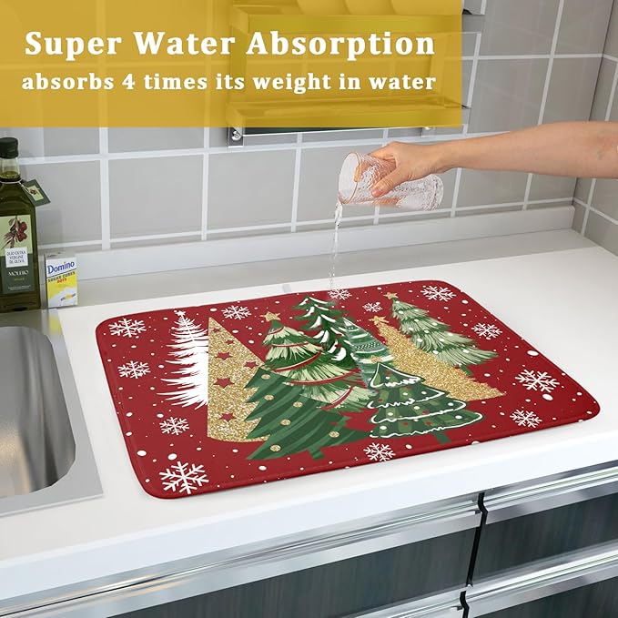 Christmas Dish Drying Mats 18x24, Farmhouse Gold Green Red Xmas Pine Trees Winter Holiday Washable Microfiber Absorbent Dishes Drainer Rack Pad for Coffee Machine Bar Sink Counter