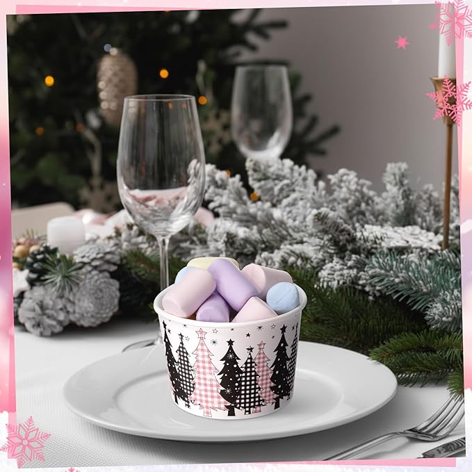 50 Pack Christmas Tree Treat Snack Cups Pink Gingham Buffalo Plaid Paper Ice Cream Cups 9 oz Xmas Tree Disposable Dessert Bowls for Hot or Cold Food Winter Xmas Holiday Party Supplies
