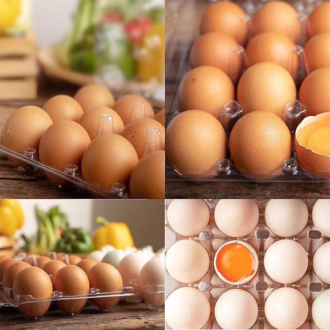 100 Packs Egg Cartons, 3 * 4 Grids Plastic Clear Egg Trays for 12 Eggs, Reusable and Durable, Egg Container Holder with Date Label for Family, Storage, Chicken Farm, Market, Transport