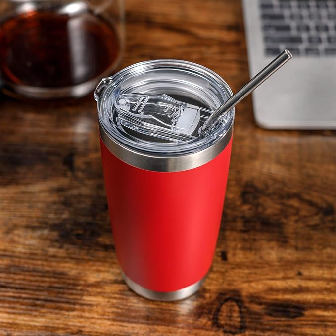 COMOOO 20oz Double Wall Vacuum Insulated Travel Mug, Stainless Steel Tumbler with Lid and Straw Durable Powder Coated Insulated Coffee Cup for Cold & Hot Drinks (Red, 4 PACK)