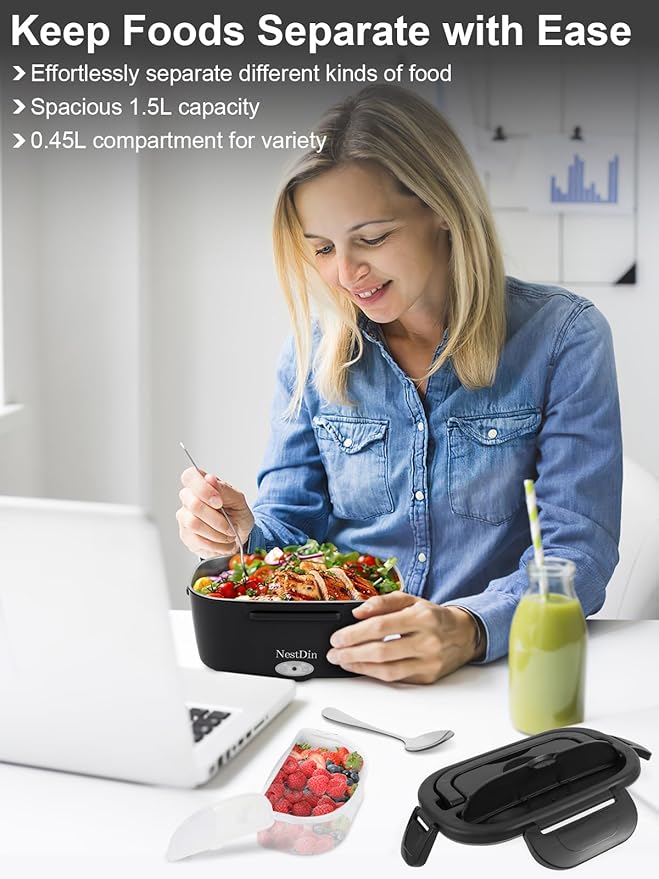 80W Electric Lunch Box for Adults, Portable Heated Lunch Box for Men, 1.5L Food Warmer Lunchbox for Car/Truck/Office, 12V/24V/110V Leak-Proof, Dishwasher-Safe with Insulated Bag(Matte Black)