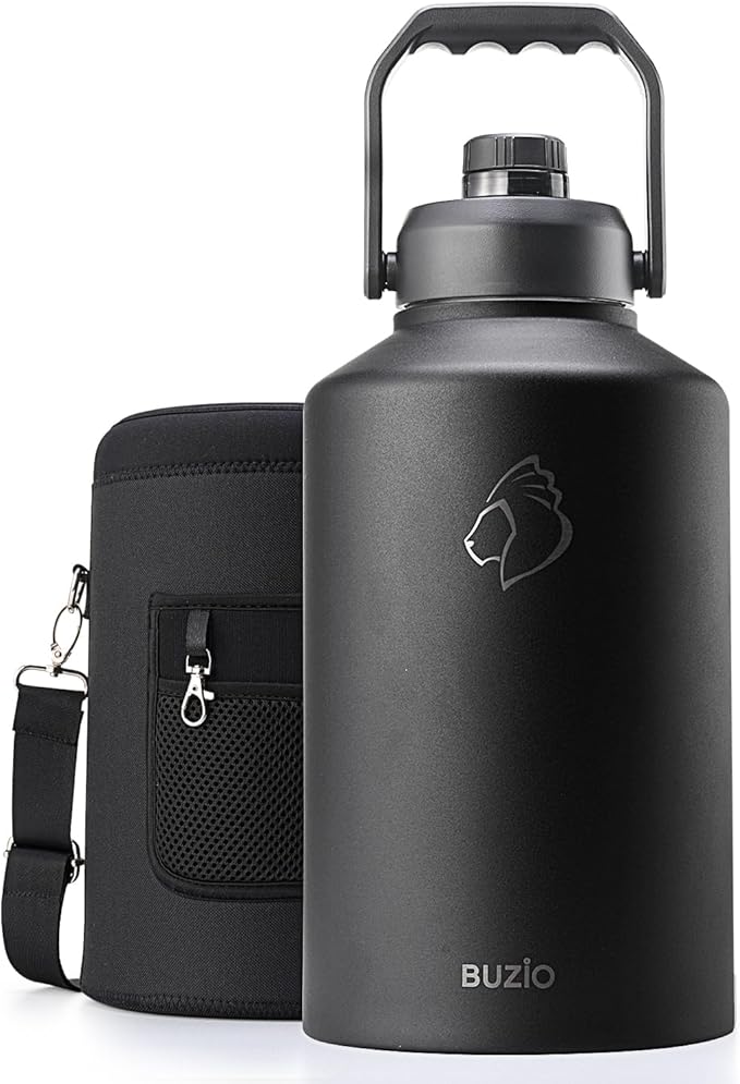 BUZIO 1.5 Gallon Water Bottle Insulated, (Cold for 48 Hrs) 196oz Large Water Jug Stainless Steel, 3.58in Big Wide Mouth Leak Proof BPA Free Flask with Carrying Sleeve for Camping,Gym,Travel, Black