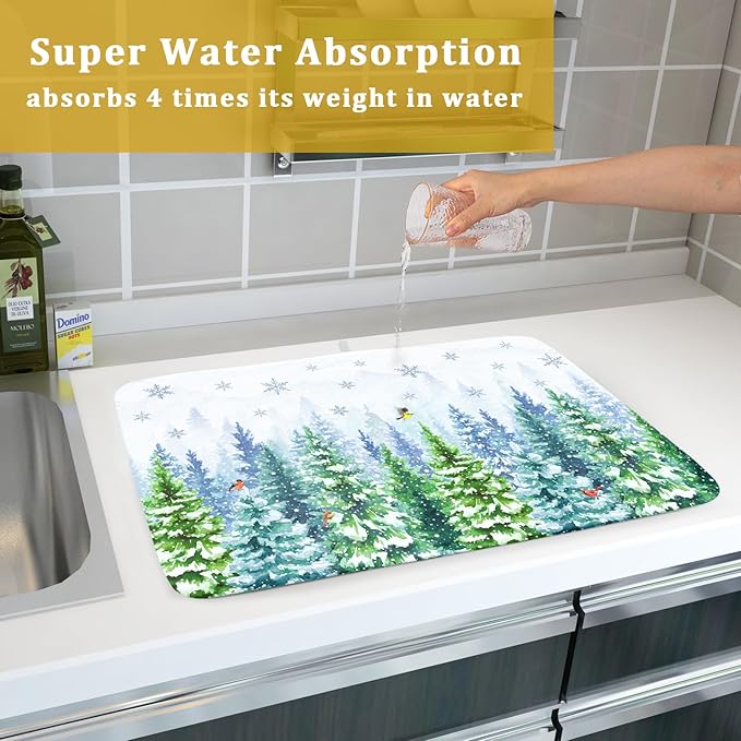 Winter Forest Dish Drying Mats - Snowflake Birds Dish Drainer Mat 18x24 Welcome Christmas Dish Draining Mat Watercolor Wildlife Tree Drying Pad for Kitchen Counter Sink