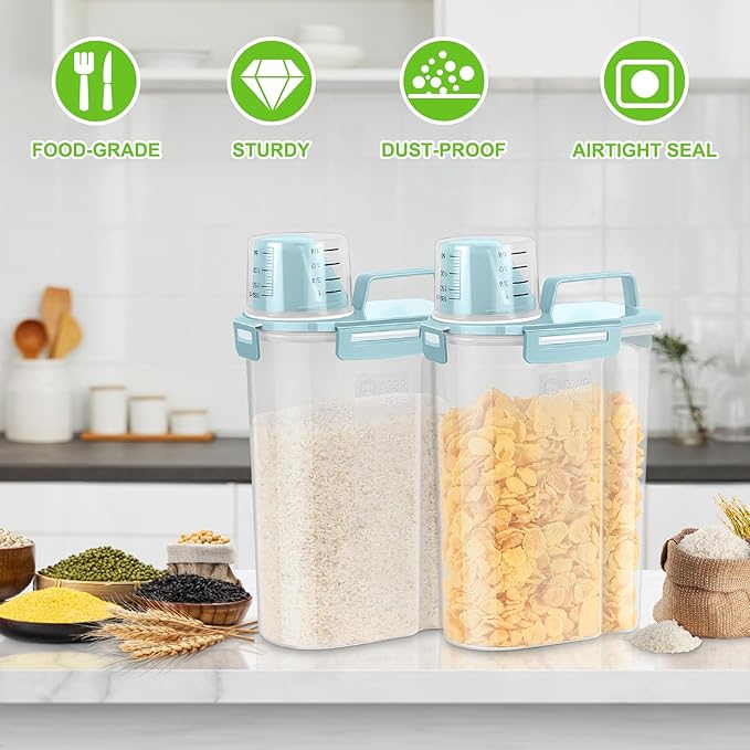 TBMax Rice Container Cereal Storage Container 2 Pack 5 Lbs, Plastic Kitchen Pantry Food Storage Container with Cup, Small Pet Dog Cat Food Dispenser -Blue
