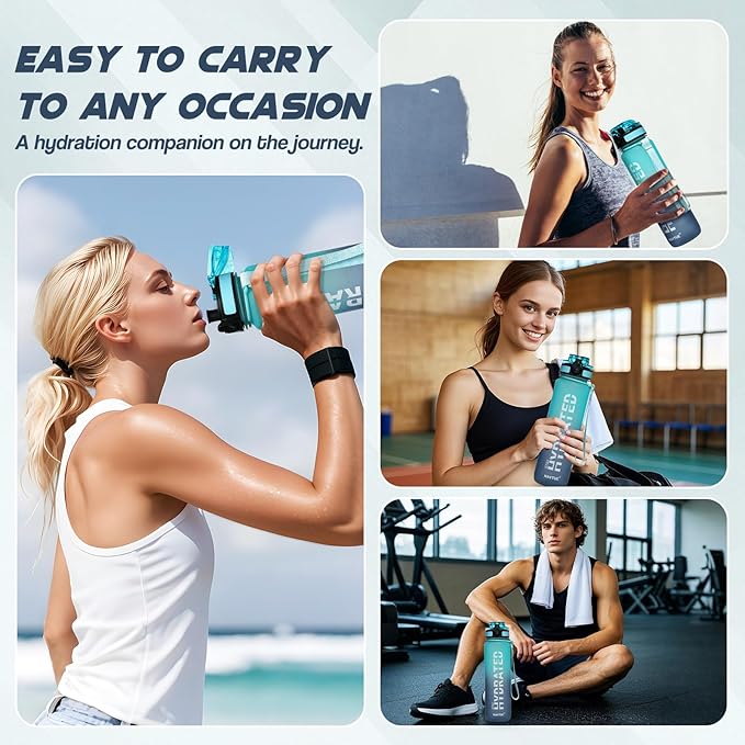 Water Bottle, 32 oz Sports Water Bottles with Time Marker Wide Mouth, Motivational and Leakproof Drink Bottle, BPA Free Tritan with Carry Strap for Gym Fitness Outdoor(Direct Drink 1 Bottle)