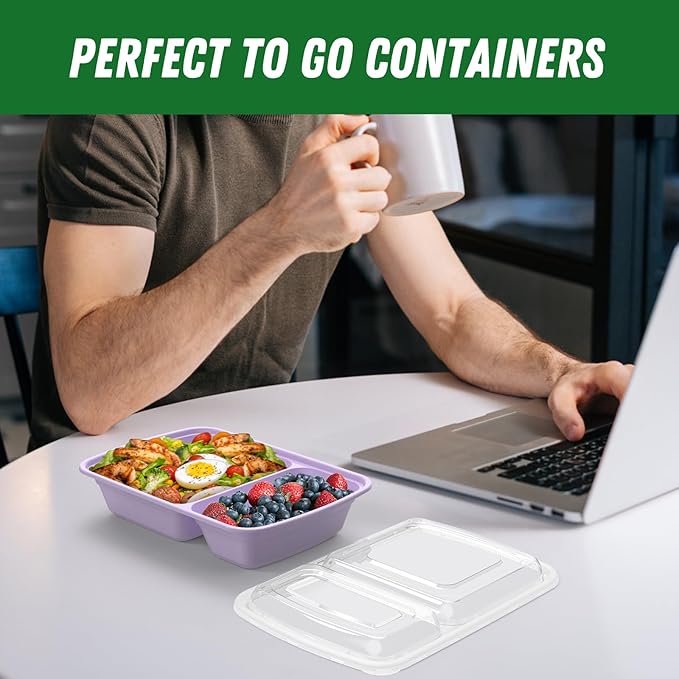 50 Pack (100-Piece) 28 oz Meal Prep Containers Reusable with Lids 2-Compartment, Sturdy Leakproof Food Safe, Microwave Freezer Dishwasher Safe, To Go Take Out Plastic Food Storage, Lilac