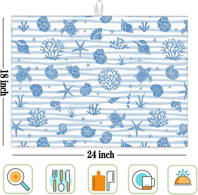 Beach Coastal Kitchen Dish Drying Mat for Counter, Ocean Sea Dish Draining Mat Microfiber Absorbent Reusable Washable Extra Large 18"x24" (beach, 18"x24")