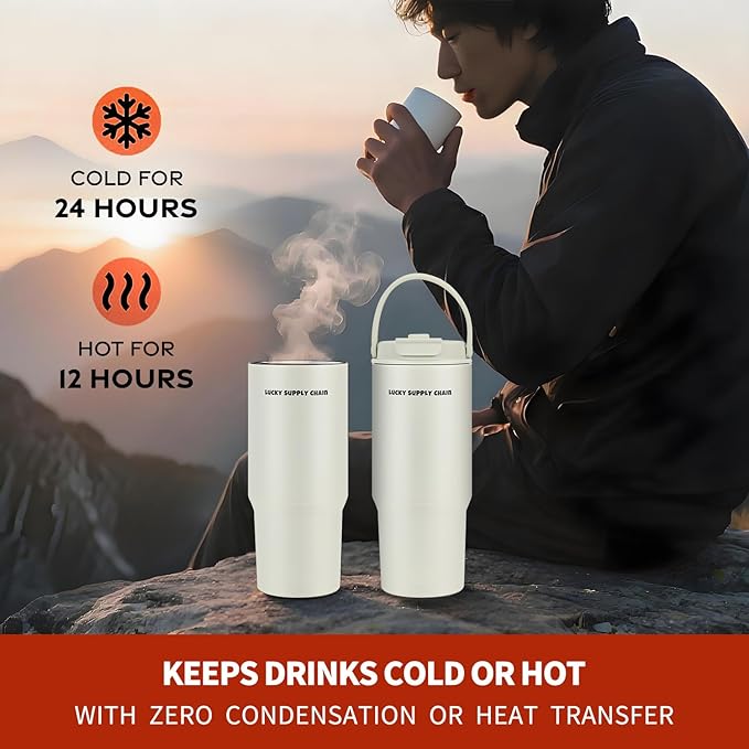 Water Bottle 24 Oz/Stainless Steel Tumbler with Straw - Vacuum Insulated Water Bottle 24 Oz for Home, Office or Car Reusable Cup With straw,Cold for 12 Hrs or Iced for 24 Hrs(White)