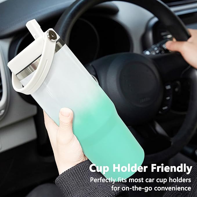 30 oz Tumbler with Handle and Straw, Vacuum Insulated Tumblers with Flip Straw and Top Handle, Leakproof Tumbler, Stainless Steel Travel Mug for Coffee Water, Cold for 20 Hours(Green White Gradient)