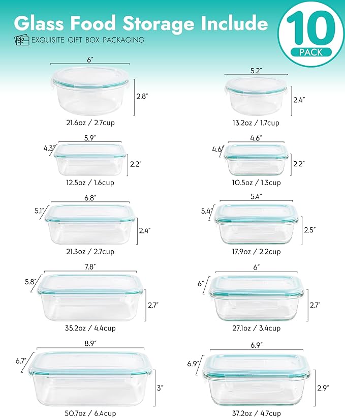 10-Piece Borosilicate Glass Food Storage Containers with Airtight Lids – Microwave, Oven, Freezer Safe, Leak-Proof, BPA-Free – Meal Prep, Baking & Gift Set