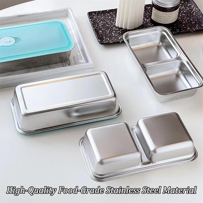 Stainless Steel Snack Containers - 2 Compartment Bento Box with Lids, Dishwasher-Reusable Storage Containers for Snacks, Dips, Fruits, Leak Proof, Travel, Camping (Includes Spoon & Fork)