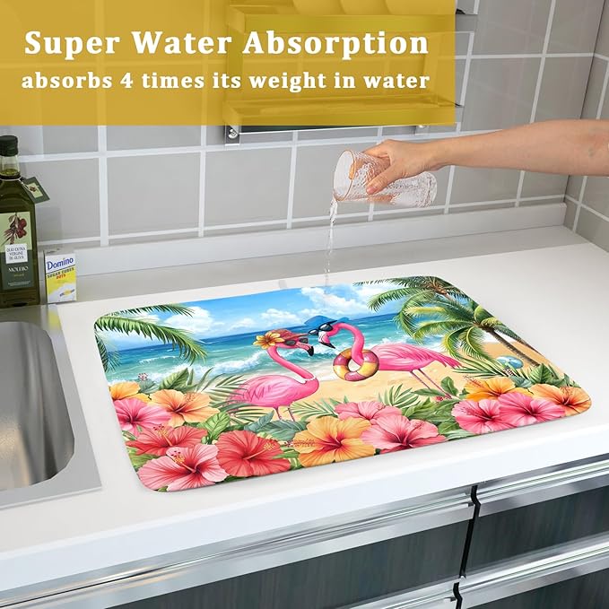 Summer Flamingos Dish Drying Mat 18x24 inch Tropical Beach Microfiber Washable Dish Rack Mats Drainer Pad for Counter Kitchen Table Decor