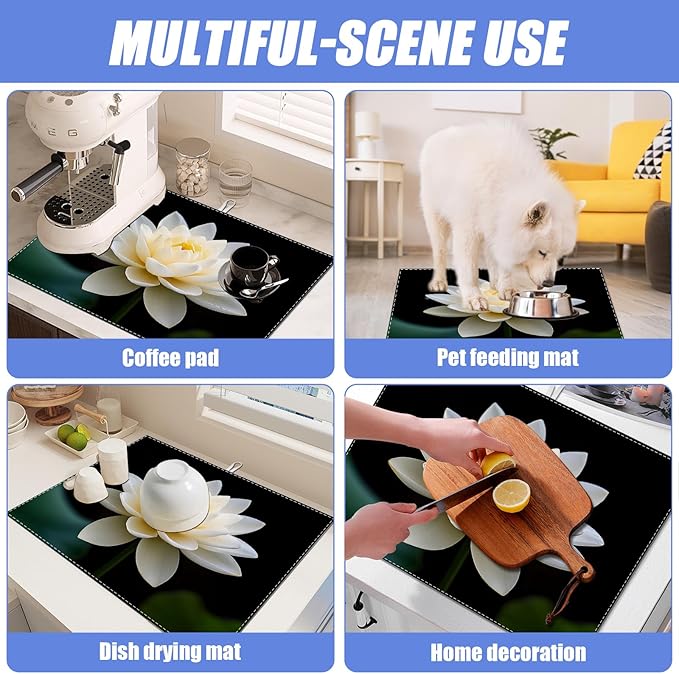 White Louts Flower Dish Drying Mat for Kitchen Counter Floral Drying Pad Absorbent Reversible Dish Drainer Rack Mats Draining Pad 18"x24"Inch