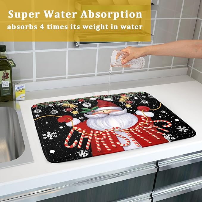 Absorbent Dish Drying Mat Santa Claus Christmas Dish Mat for Kitchen Countertops , 18 x 24 inch, Multicolor Winter Xmas Microfiber Dishes Drainer Pad Plate Holder