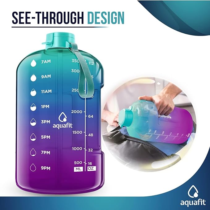 AQUAFIT 1 Gallon Water Bottle with Time Marker - Straw & Chug Lid - BPA Free Gym Water Bottle with Straw - Big Gallon Jug (Galaxy, 128 oz - 2 Lids)