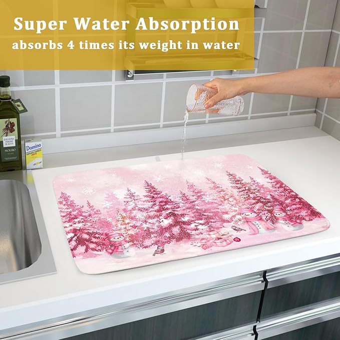 Pink Forest Dish Drying Mat Snowman Washable Drying Matt Kitchen Counter Absorbent Coffee Mat for Winter Home Decor