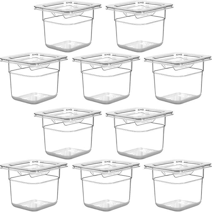 West Bay 10 Pack 1/6 Size Plastic Food Pans with Lids, 4 Inch Deep Clear Polycarbonate Hotel Pans for Commercial & Home Use, Stackable Food Storage Containers for Fridge, Kitchen & Catering