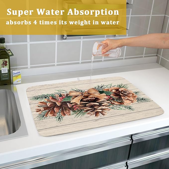 Winter Pine Cone Dish Drying Mat Holly Berries Dish Draining Mat Microfiber Washable Dish Drainer Rack Mat for Home Kitchen Counter 18"x24"