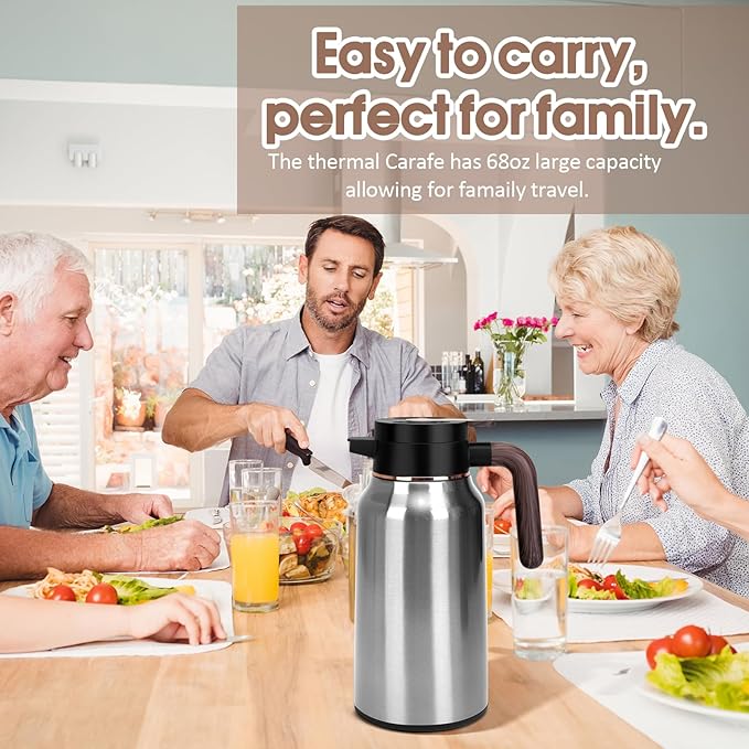 68oz Thermal Coffee Carafe, Stainless Steel Carafes for Hot Liquids 24 Hours, Insulated Coffee Carafes For Keeping Hot Coffee, Hot Water, Tea, Hot Beverage (Silver)