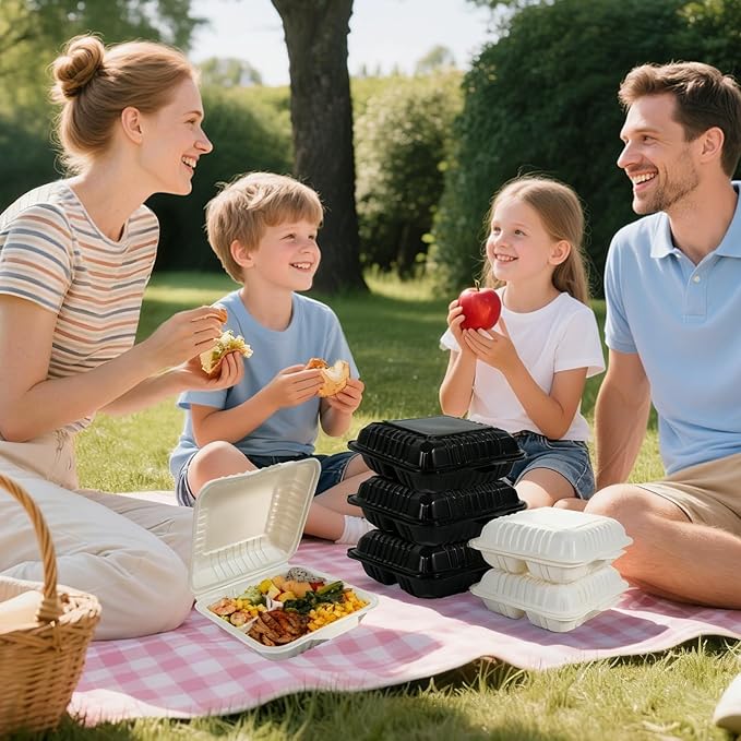 50-Pack 8x8 Inch Clamshell Take Out Food Containers|Lunch Containers with Compartments |Microwavable, Freezer Safe, Soak-Resistant, Durable, Stackable for Pasta Salad Sandwich(White)